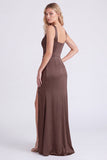 Espresso Satin Mermaid Square Neck Ruched Bridesmaid Dress with Slit