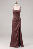 Espresso Satin Mermaid Square Neck Ruched Bridesmaid Dress with Slit