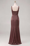 Espresso Satin Mermaid Square Neck Ruched Bridesmaid Dress with Slit