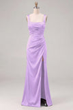 Espresso Satin Mermaid Square Neck Ruched Bridesmaid Dress with Slit