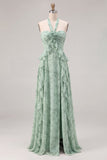Sage Floral A-Line Chiffon Halter Neck Ruffled Long Bridesmaid Dress with Slit