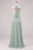 Sage Floral A-Line Chiffon Halter Neck Ruffled Long Bridesmaid Dress with Slit