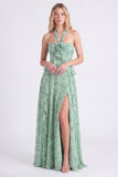 Sage Floral A-Line Chiffon Halter Neck Ruffled Long Bridesmaid Dress with Slit