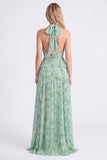 Sage Floral A-Line Chiffon Halter Neck Ruffled Long Bridesmaid Dress with Slit