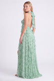 Sage Floral A-Line Chiffon Halter Neck Ruffled Long Bridesmaid Dress with Slit