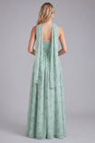 Sage Chiffon A-Line Corset Floral Print Bridesmaid Dress with Long Neck Scarf