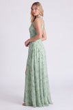 Sage A-Line Halter Neck Floral Chiffon Long Bridesmaid Dress with Slit