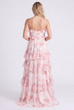 A-Line Pink Floral Chiffon Tiered Spaghetti Straps Long Bridesmaid Dress with Ruffles