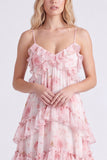 A-Line Pink Floral Chiffon Tiered Spaghetti Straps Long Bridesmaid Dress with Ruffles