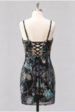Green Bodycon Spaghetti Straps Sequins Short Homecoming Dress with Lace Up Back