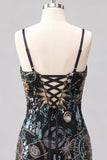 Green Bodycon Spaghetti Straps Sequins Short Homecoming Dress with Lace Up Back