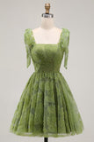 Light Blue A-Line Bowed Straps Floral Beaded Homecoming Dress with Lace Up Back
