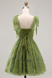 Light Blue A-Line Bowed Straps Floral Beaded Homecoming Dress with Lace Up Back