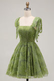 Light Blue A-Line Bowed Straps Floral Beaded Homecoming Dress with Lace Up Back