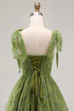 Light Blue A-Line Bowed Straps Floral Beaded Homecoming Dress with Lace Up Back