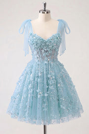 A-Line Floral Sheer Corset Sequins Cocktail Dress with Lace Up Back