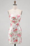 Sparkly Sweetheart White Key Hole Bodycon Floral Sequins Cocktail Dress with Lace Up Back