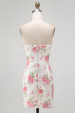 Sparkly Sweetheart White Key Hole Bodycon Floral Sequins Cocktail Dress with Lace Up Back