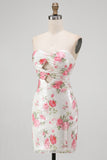 Sparkly Sweetheart White Key Hole Bodycon Floral Sequins Cocktail Dress with Lace Up Back