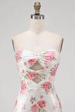 Sparkly Sweetheart White Key Hole Bodycon Floral Sequins Cocktail Dress with Lace Up Back