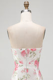 Sparkly Sweetheart White Key Hole Bodycon Floral Sequins Cocktail Dress with Lace Up Back