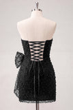 Navy Strapless Beaded Tight Lace Up Back Short Homecoming Dress with Bow