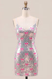 Sparkly Pink Spaghetti Straps Sequins Bodycon Homecoming Dress with Bow