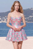 Sparkly Pink A-Line Strapless Sequins Homecoming Dress with Bow