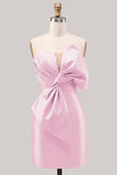 Blue Satin Strapless Ruched Tight Homecoming Dress with Bow