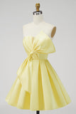 A-Line Daffodil Satin Strapless Ruched Lace Up Back Homecoming Dress with Bow