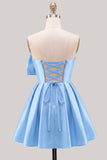 A-Line Daffodil Satin Strapless Ruched Lace Up Back Homecoming Dress with Bow