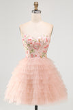Sweetheart Pink A-Line Tiered Floral Sequins Birthday Dress