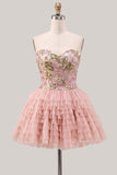 Sweetheart Pink A-Line Tiered Floral Sequins Homecoming Dress