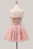 Sweetheart Pink A-Line Tiered Floral Sequins Homecoming Dress