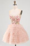 Sweetheart Pink A-Line Tiered Floral Sequins Birthday Dress