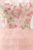 Sweetheart Pink A-Line Tiered Floral Sequins Birthday Dress