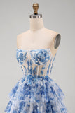 White Blue Flower Strapless Sheer Corset Tiered A-Line Short Homecoming Dress with Lace Up Back