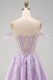 Off the Shoulder Lilac Corset Sequins A-Line Short Homecoming Dress with Lace Up Back