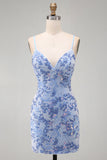 Blue Bodycon Spaghetti Straps Lace Up Back Short Homecoming Dress with Beading