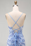 Blue Bodycon Spaghetti Straps Lace Up Back Short Homecoming Dress with Beading
