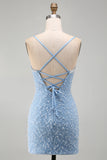 Blue Spaghetti Straps Lace Up Back Bodycon Short Homecoming Dress with Pearls
