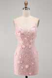 Pink Floral Lace Up Back Spaghetti Straps Short Homecoming Dress with Sequins