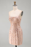 Champagne Bodycon Sequins Short Homecoming Dress with Lace Up Back