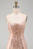 Champagne Bodycon Sequins Short Homecoming Dress with Lace Up Back