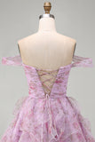 Lilac Off the Shoulder A-Line Ruffle Short Homecoming Dress with Lace Up Back