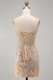 Champagne Strapless Sequins Bodycon Homecoming Dress with Lace Up Back