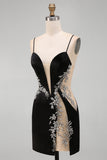 Black Bodycon Floral Spaghetti Straps Short Homecoming Dress with Beading