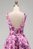 A-Line Fuchsia Floral Ruffled Square Neck Corset Short Homecoming Dress