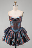 Iridescent Metallic Strapless Corset Tiered Basque Waist Homecoming Dress with Ruffles