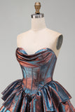 Iridescent Metallic Strapless Corset Tiered Basque Waist Homecoming Dress with Ruffles